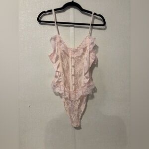 Vintage Pandora | Pink Lace Bodysuit with Ruffle Details | Size Medium